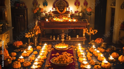 A serene and colorful Navaratri setting with traditional decorations, including marigold garlands, oil lamps, and symbolic items, creating a festive atmosphere.