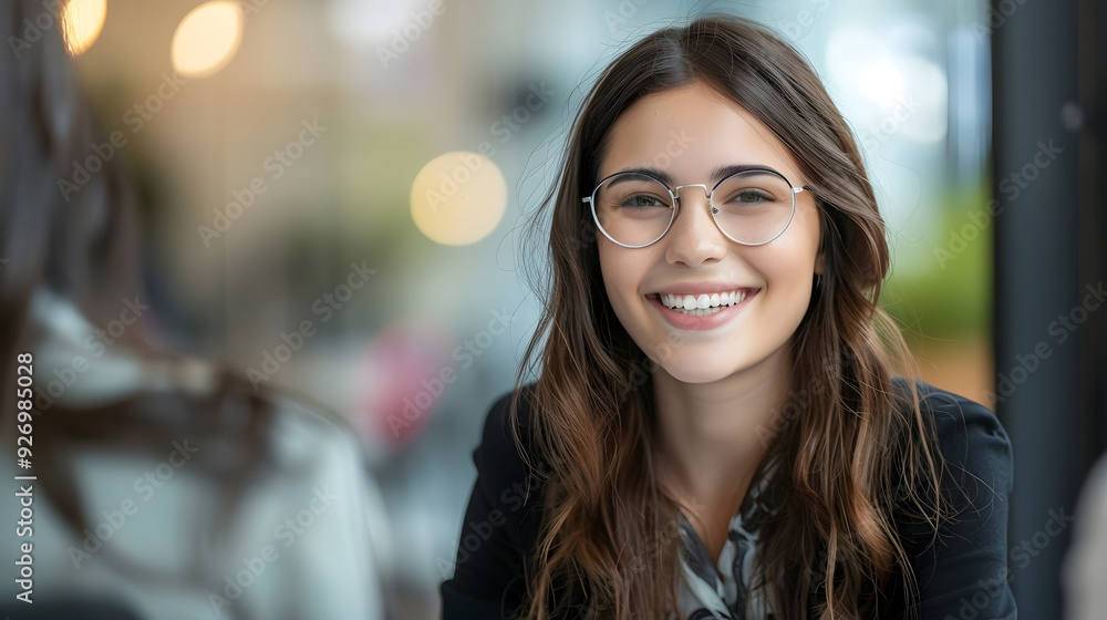 Happy young woman having job interview in office, business and career concept. Happy young woman having job interview in office, business and career concept.