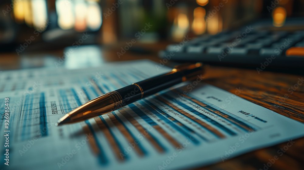 Financial Planning: A Close-up of a pen resting on a financial report, suggesting careful consideration and strategic decision-making. The pen is a symbol of precision and control, while the financia Financial Planning: A Close-up of a pen resting on a financial report, suggesting careful consideration and strategic decision-making. The pen is a symbol of precision and control, while the financia