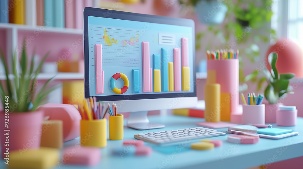 Creative Workspace: A 3D render of a vibrant and playful workspace featuring a computer displaying colorful charts and graphs, surrounded by pastel-toned stationery and plants. Creative Workspace: A 3D render of a vibrant and playful workspace featuring a computer displaying colorful charts and graphs, surrounded by pastel-toned stationery and plants.