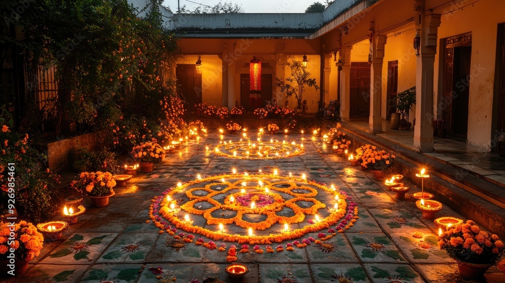 Obraz premium A stunning view of a courtyard decorated for Diwali, with diyas, vibrant rangoli designs, and strings of marigold flowers, evoking the festive spirit of the festival.