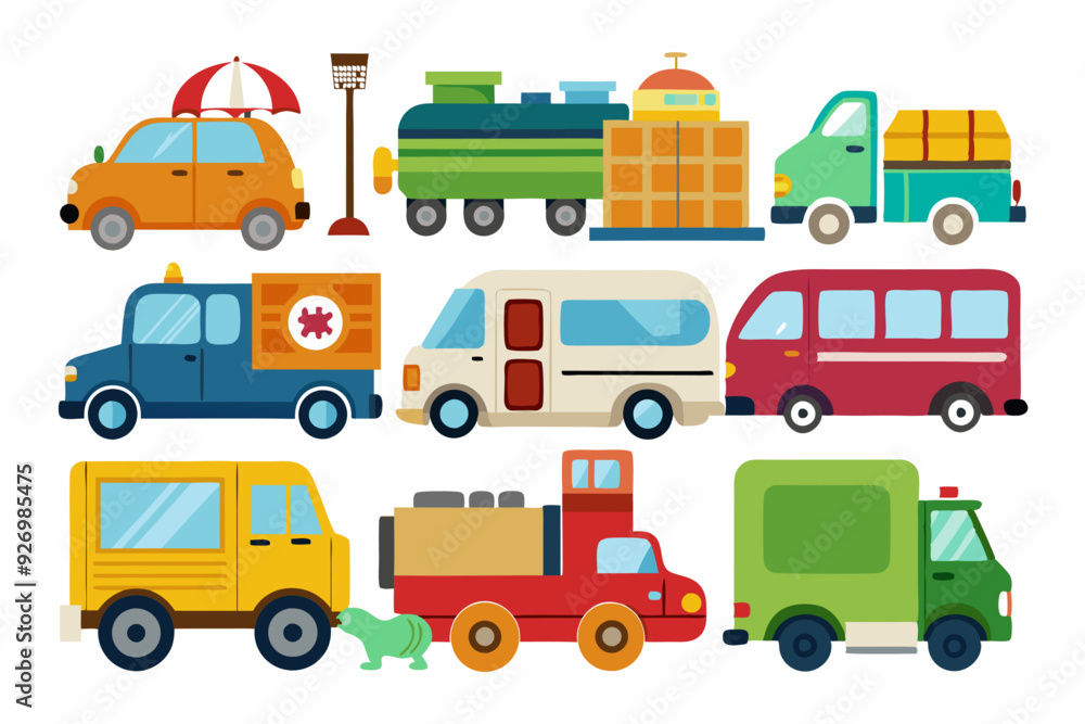 Fototapeta premium Colorful Cartoon Vehicles with Various Features