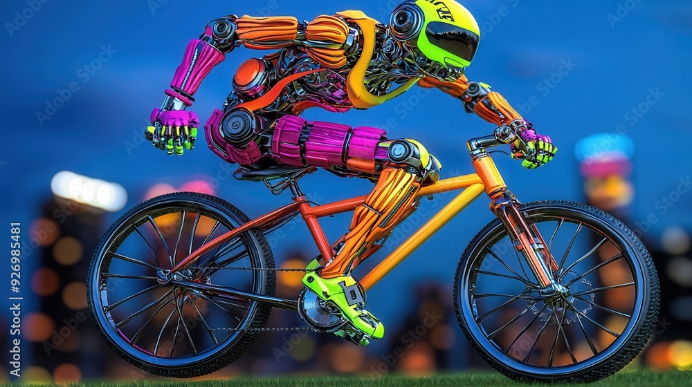 Fototapeta premium Colorful humanoid robot riding a bicycle at night with a cityscape background, showcasing advanced technology and vibrant design.
