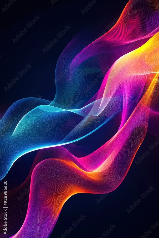 An image of blue, pink and yellow colored glowing waves against a dark blue background. An image of blue, pink and yellow colored glowing waves against a dark blue background.