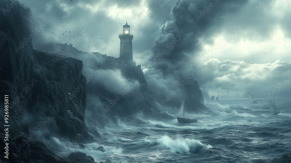 Lighthouse in a Storm: A solitary lighthouse stands tall against a raging storm, its beacon piercing the dark clouds above. The waves crash violently against the rocky cliffs, creating a dramatic and Lighthouse in a Storm: A solitary lighthouse stands tall against a raging storm, its beacon piercing the dark clouds above. The waves crash violently against the rocky cliffs, creating a dramatic and