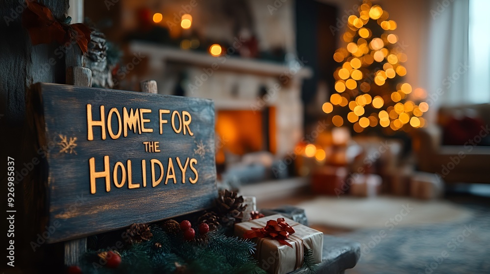 A sign that reads “HOME FOR THE HOLIDAYS” in a Christmas living room - festive home decorated for the holidays - Christmas