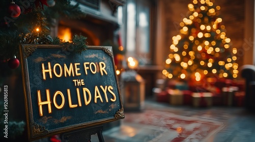 A sign that reads “HOME FOR THE HOLIDAYS” in a Christmas living room - festive home decorated for the holidays - Christmas 