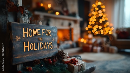 Obraz na płótnie A sign that reads “HOME FOR THE HOLIDAYS” in a Christmas living room - festive home decorated for the holidays - Christmas w salonie