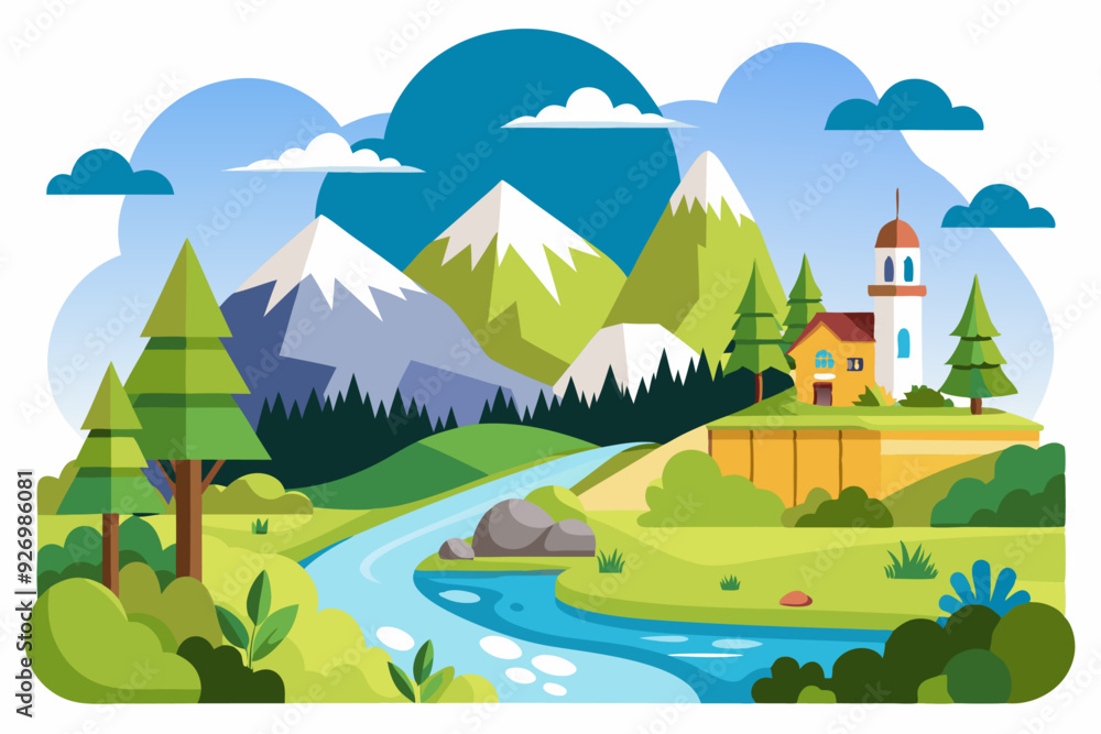 Fototapeta premium A picturesque mountain landscape with a house and winding river