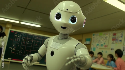 Friendly humanoid robot interacting in a classroom with children, showcasing advanced robotics and technology in education.