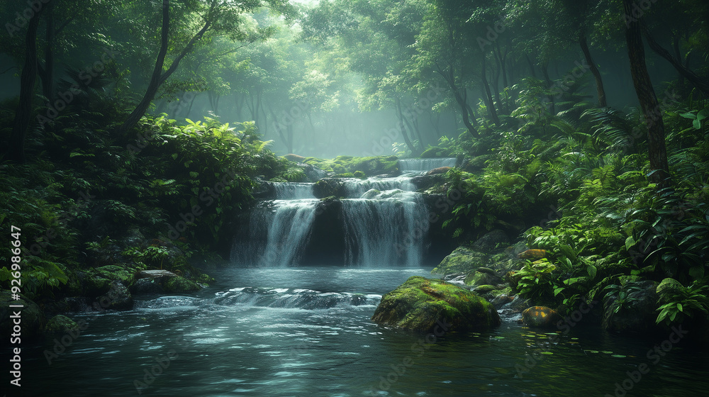 Serene Waterfall in a Lush Forest: A tranquil scene of a cascading waterfall amidst a vibrant, green forest, bathed in ethereal light. The mist adds an air of mystery and peace, inviting viewers to es Serene Waterfall in a Lush Forest: A tranquil scene of a cascading waterfall amidst a vibrant, green forest, bathed in ethereal light. The mist adds an air of mystery and peace, inviting viewers to es
