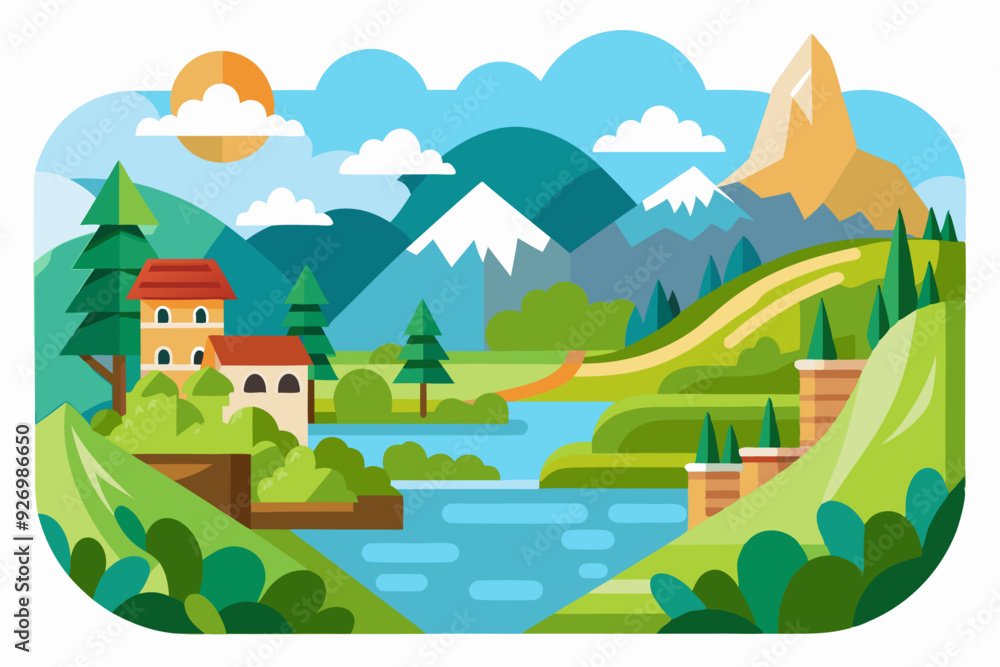 Naklejka premium A Small House with a Mountainous View and Winding River