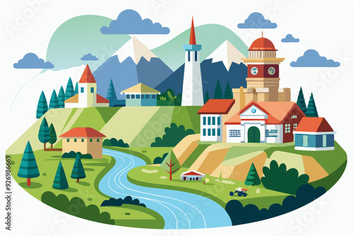 Cartoon illustration of a picturesque village nestled in a valley surrounded by mountains and a river