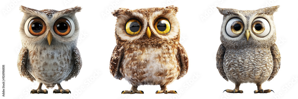 Naklejka premium Three realistic owl figurines with different feather patterns isolated on transparent background