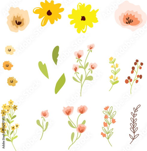 Flowers. Set: leaves, wildflowers, twigs, floral arrangements and hand-drawn designer vector elements.