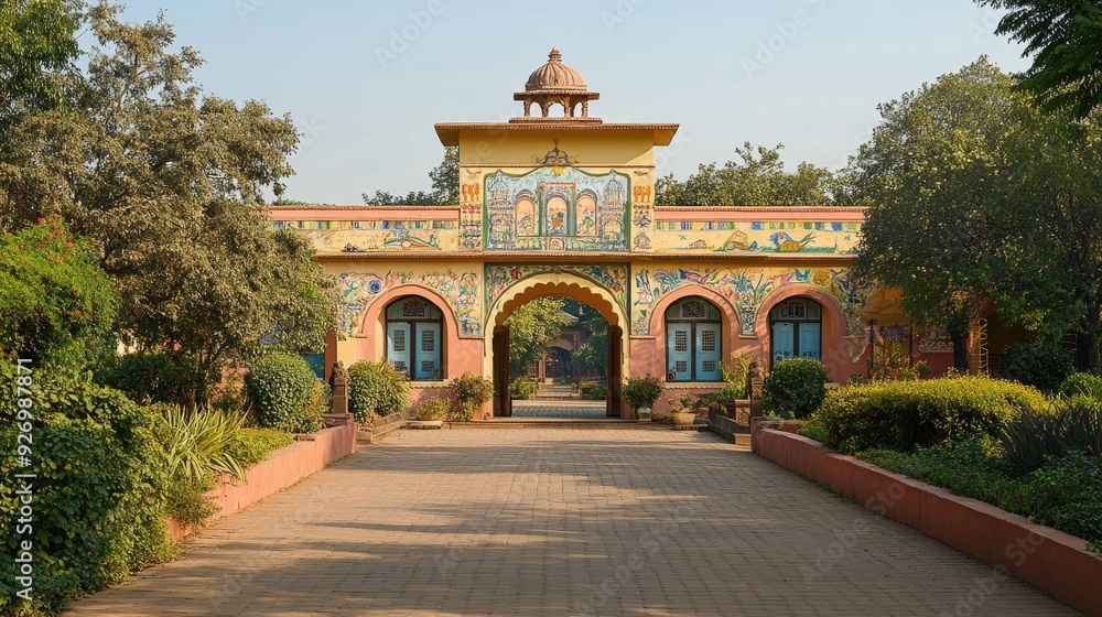 Obraz premium The entrance of an Indian school building, with traditional architecture, colorful murals, and well-maintained gardens, capturing the welcoming atmosphere.