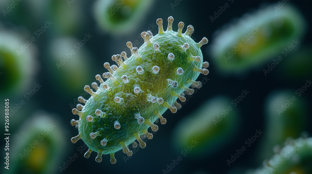 Fototapeta premium Microscopic Menace: A 3D render of a vibrant green bacterium, its surface covered in spiky protrusions, floats ominously against a dark background.