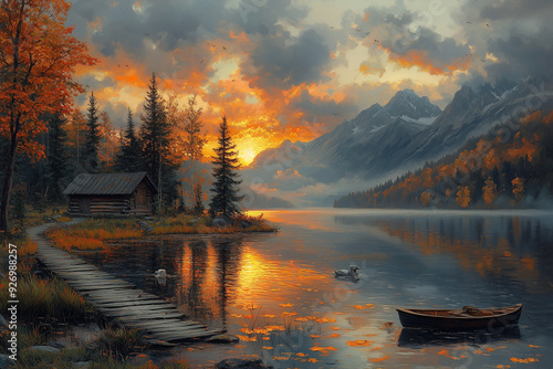 Serene Mountain Sunset:  A picturesque cabin nestled by a tranquil lake, bathed in the warm glow of a breathtaking sunset, with snow-capped mountains in the background. The serenity of nature is palpa