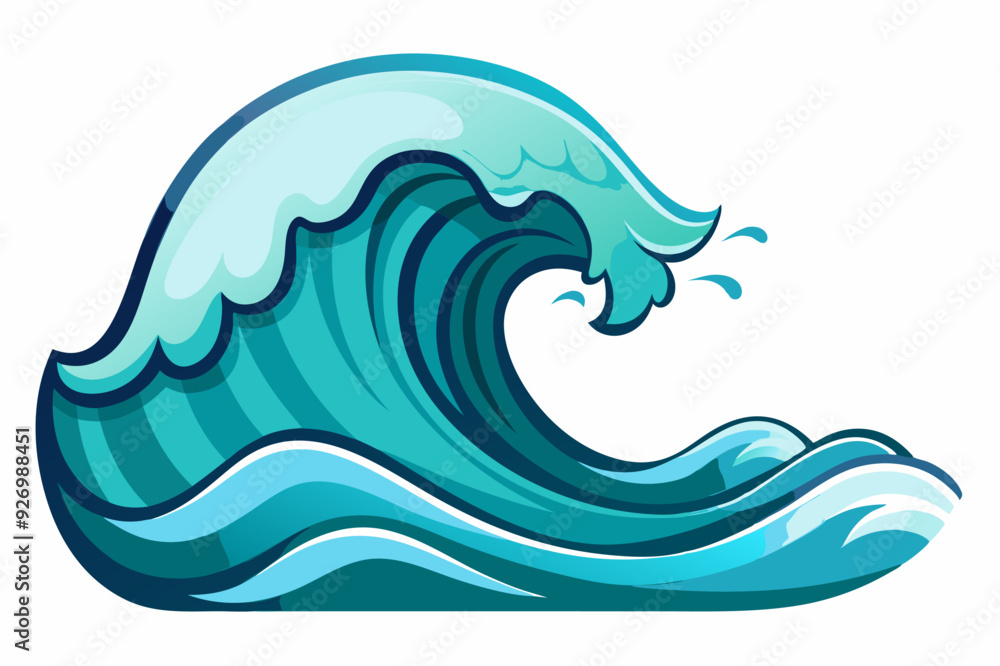 Fototapeta premium Cartoon illustration of a large blue ocean wave breaking