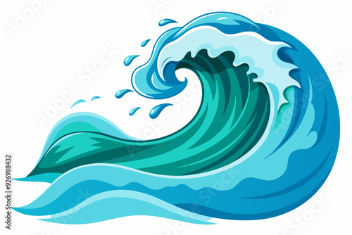 Cartoon illustration of a large, curling ocean wave with water droplets