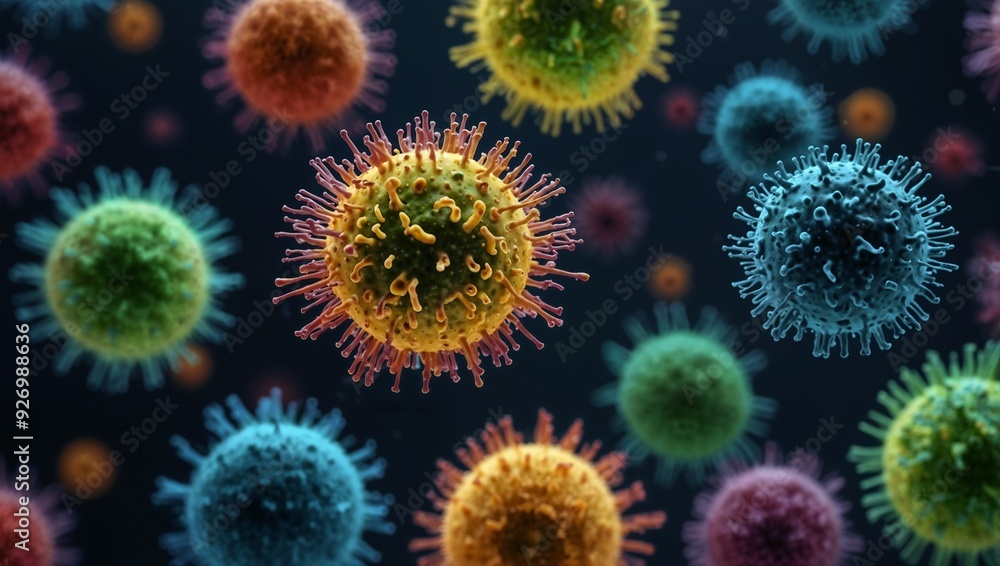 Obraz premium A large number of virus particles. They are red spheres with small protrusions around them and water droplets on the surface.