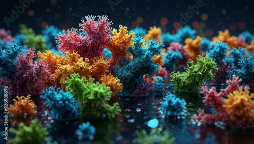 A large number of colorful virus particles. They are spherical in shape with small protrusions around them, which are probably proteins used to attach to living cells.