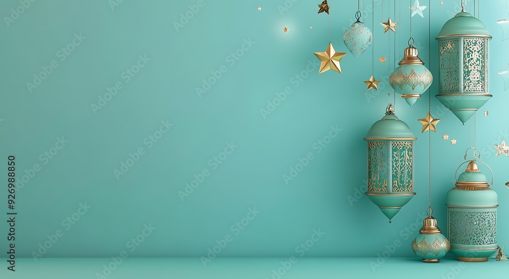 Eid Mubarak and Ramadan Kareem greetings with an Islam crescent, lantern, mosque banner backdrop Eid Mubarak and Ramadan Kareem greetings with an Islam crescent, lantern, mosque banner backdrop