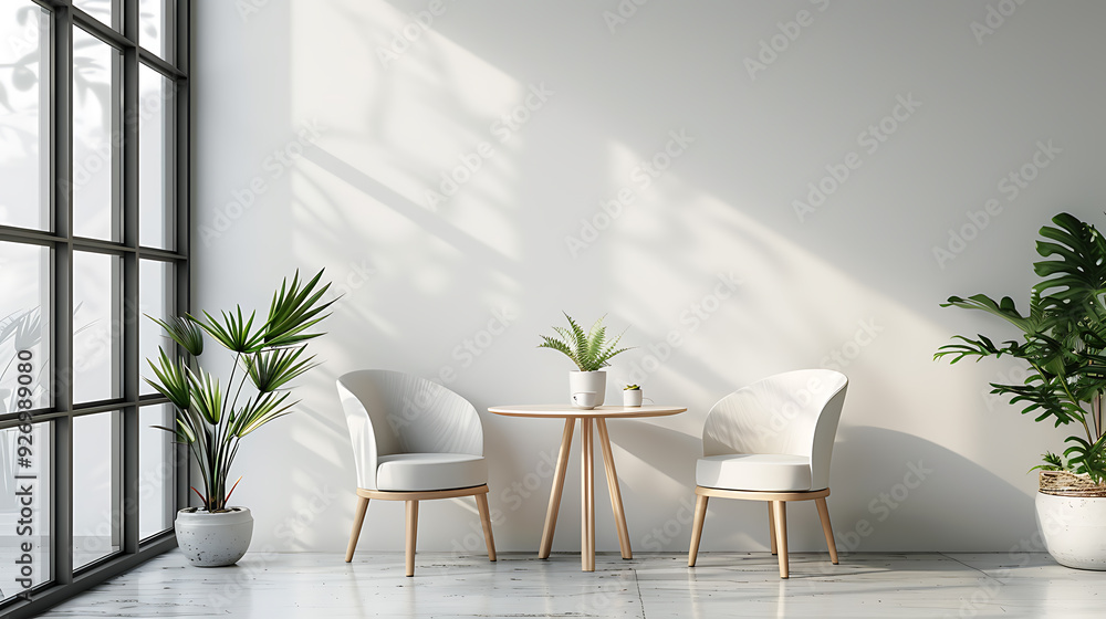 A minimalist living room with two white chairs, a round table, and potted plants. The room is bathed in natural light, creating a serene and inviting atmosphere. A minimalist living room with two white chairs, a round table, and potted plants. The room is bathed in natural light, creating a serene and inviting atmosphere.