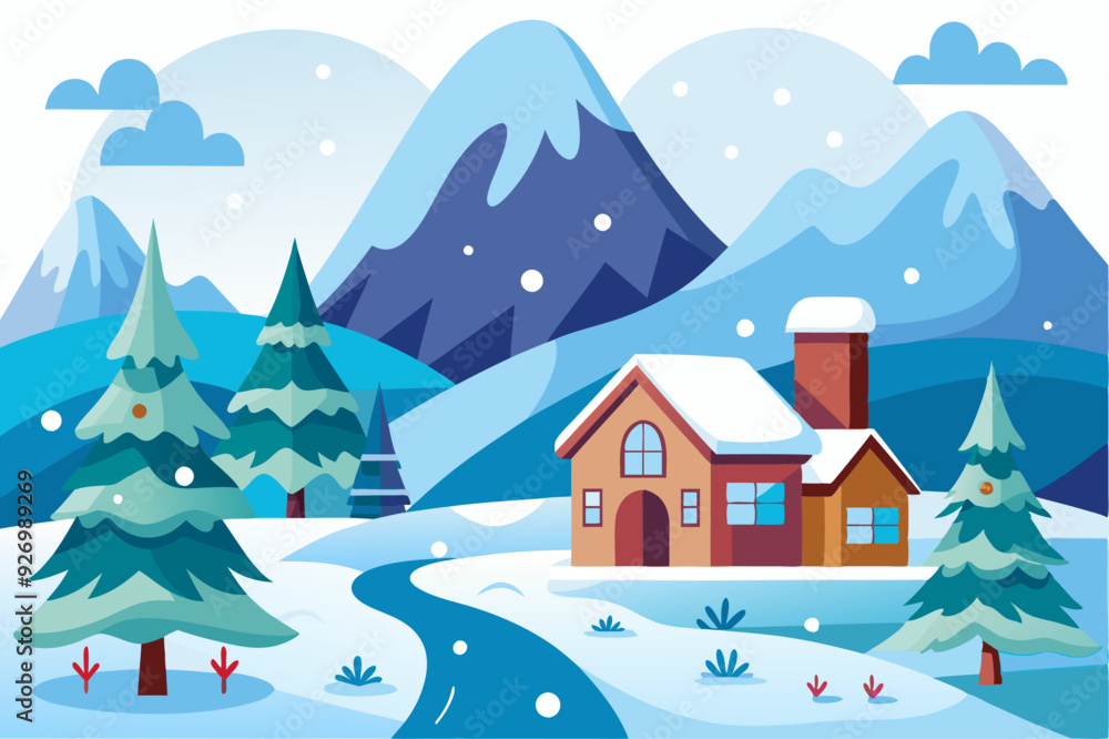 Fototapeta premium Cozy Cabin nestled in snowy mountain landscape