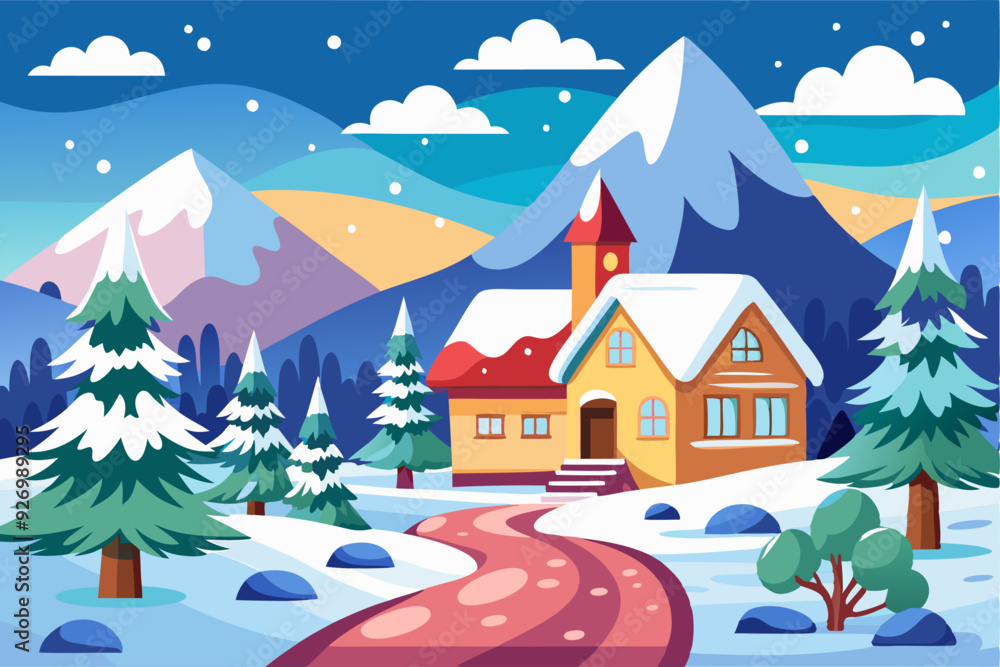 Naklejka premium A Snowy Winter Landscape with a House and Winding Path