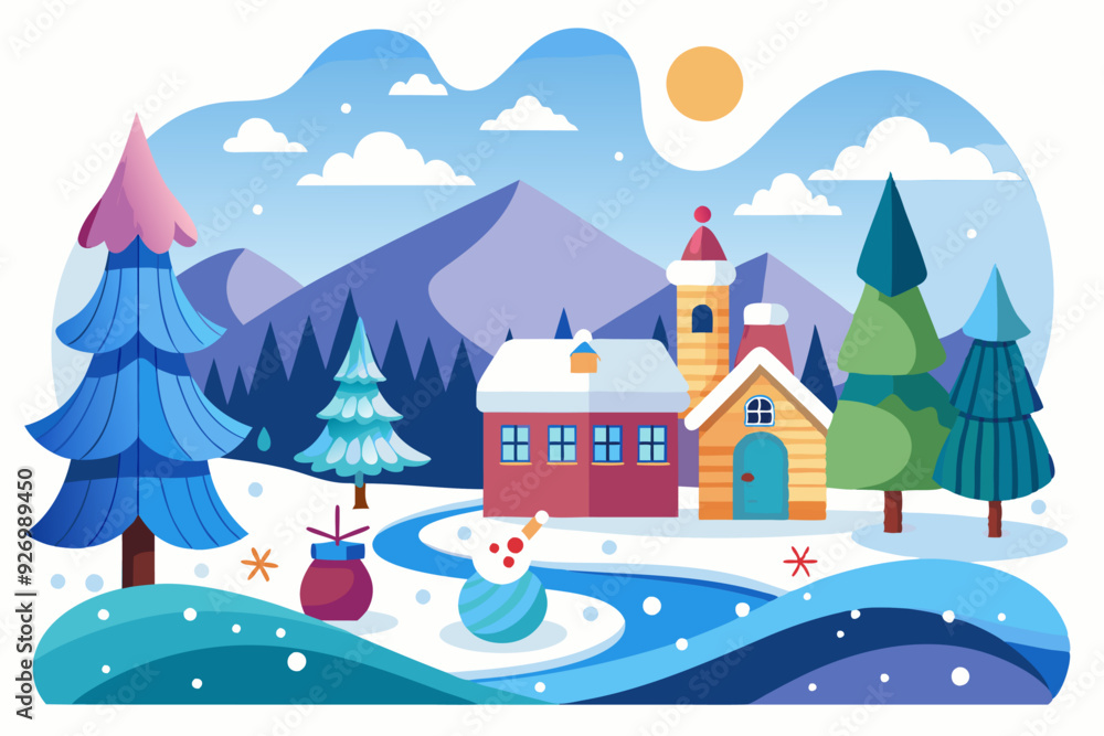 Naklejka premium Snowy Winter Landscape with Houses and Pine Trees