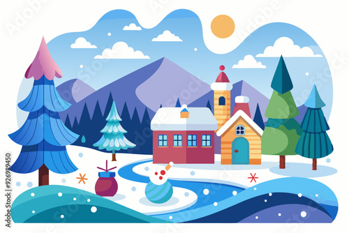 Snowy Winter Landscape with Houses and Pine Trees