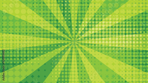 abstract green comic sunburst background with graphic halftone dot 