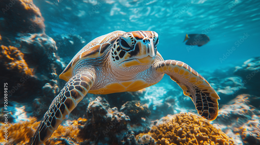 Fototapeta premium Sea Turtle Grace: A majestic sea turtle glides effortlessly through a vibrant coral reef, its shell shimmering with an array of colors. The underwater world comes alive with vibrant hues and intricat