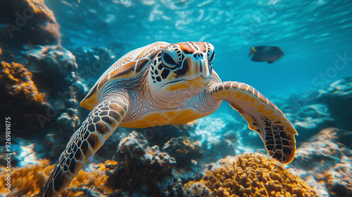 Sea Turtle Grace  A majestic sea turtle glides effortlessly through a vibrant coral reef  its shell shimmering with an array of colors.  The underwater world comes alive with vibrant hues and intricat