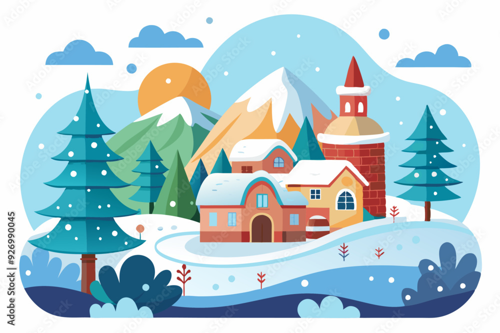 Winter Village Scene with Snowy Mountains and Houses Winter Village Scene with Snowy Mountains and Houses