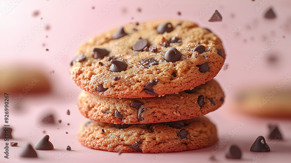 Chocolate Chip Cookie Delight: A stack of warm, golden-brown chocolate chip cookies, dusted with chocolate chips, sits on a pink background, capturing the essence of sweet indulgence and pure baking j