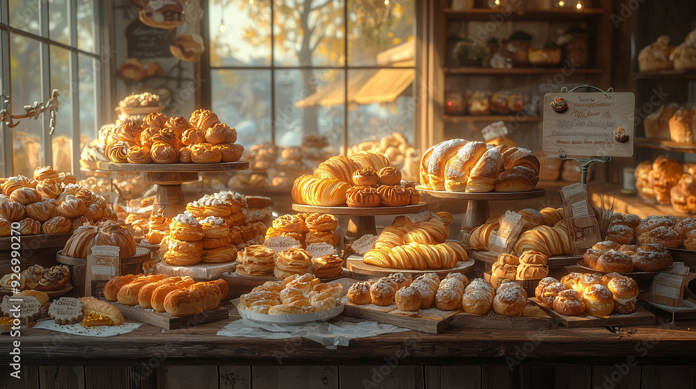 Bakery Window Display: Golden light bathes a rustic bakery window, showcasing an enticing array of freshly baked bread and pastries. The warm glow invites customers to indulge in the aroma of freshly Bakery Window Display: Golden light bathes a rustic bakery window, showcasing an enticing array of freshly baked bread and pastries. The warm glow invites customers to indulge in the aroma of freshly