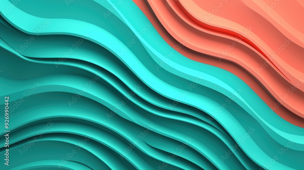 Obraz premium Dynamic 3D Clay Geometric Wave Wallpaper with Teal and Coral Colors Flowing Across Gradient Background