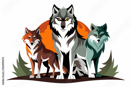 Three Wolves Standing Together in Front of a Red Sun