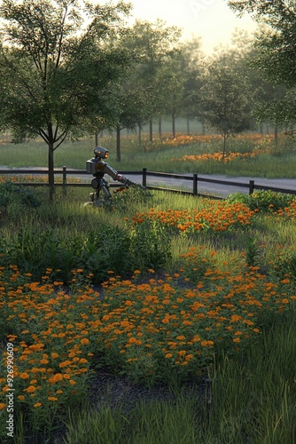 Wallpaper Mural Serene park scene with vibrant orange flowers, sunlit morning, person on bicycle riding along path, lush greenery, and wooden fence. Torontodigital.ca