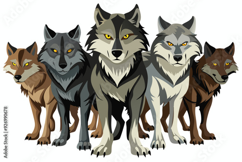 Five Wolves Standing in a Row with Yellow Eyes