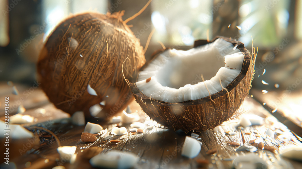 A half broken coconut overlapping a whole coconut A half broken coconut overlapping a whole coconut