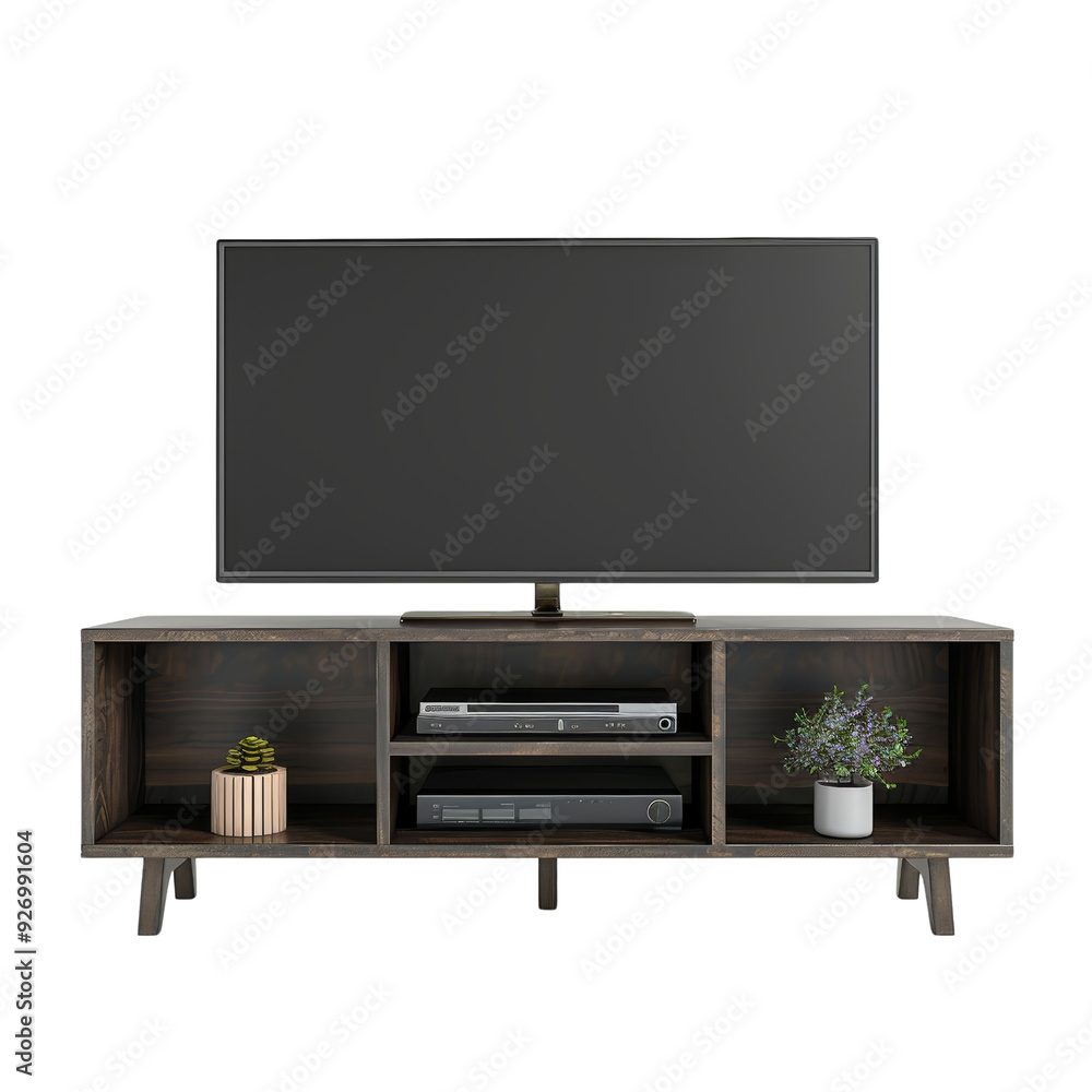 Modern TV stand with flat-screen television, two plants, and electronic devices on wooden furniture, isolated on white background. Modern TV stand with flat-screen television, two plants, and electronic devices on wooden furniture, isolated on white background.