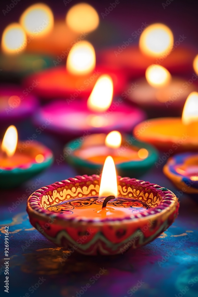 Vibrant and intricately designed Diya candles burn brightly, casting a warm and festive glow Vibrant and intricately designed Diya candles burn brightly, casting a warm and festive glow