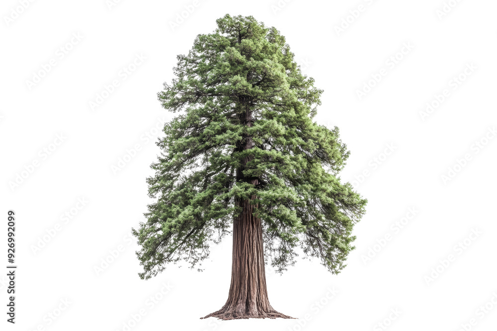 Fototapeta premium A tall, majestic tree with dense green foliage and a sturdy trunk, isolated on a white background, showcasing nature's beauty.