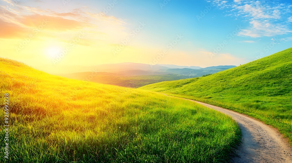 Fototapeta premium A serene landscape of rolling green hills under a vibrant sunrise.