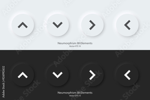 Arrow sign icon. Up down left right sign. A set of round buttons with symbols. 3D icon in trendy neumorphic style for apps and websites. UI UX elements. Vector illustration.