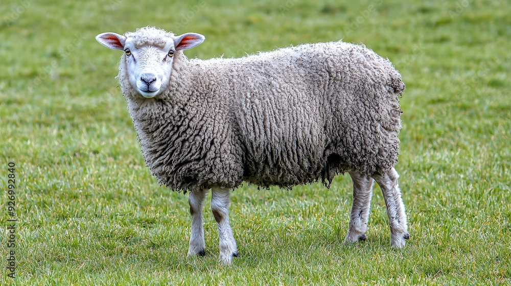 Fototapeta premium A sheep with thick wool standing gracefully in a green pasture.