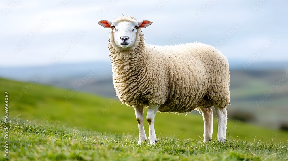 A fluffy white sheep stands proudly on a lush green hillside. A fluffy white sheep stands proudly on a lush green hillside.